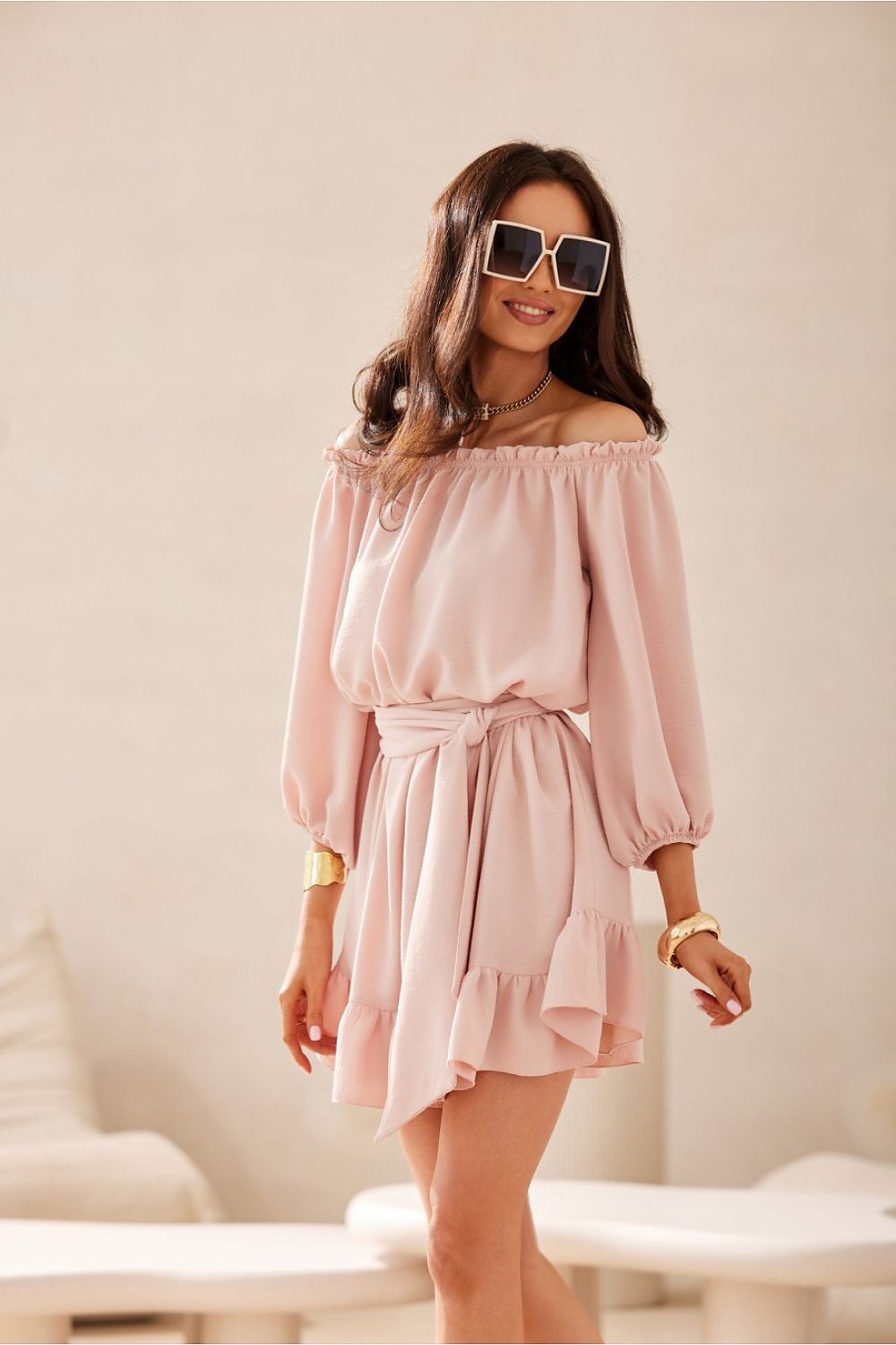 Guilia Summer Off-Shoulder Mini Dress - Blush Pink - Ruby Vixen