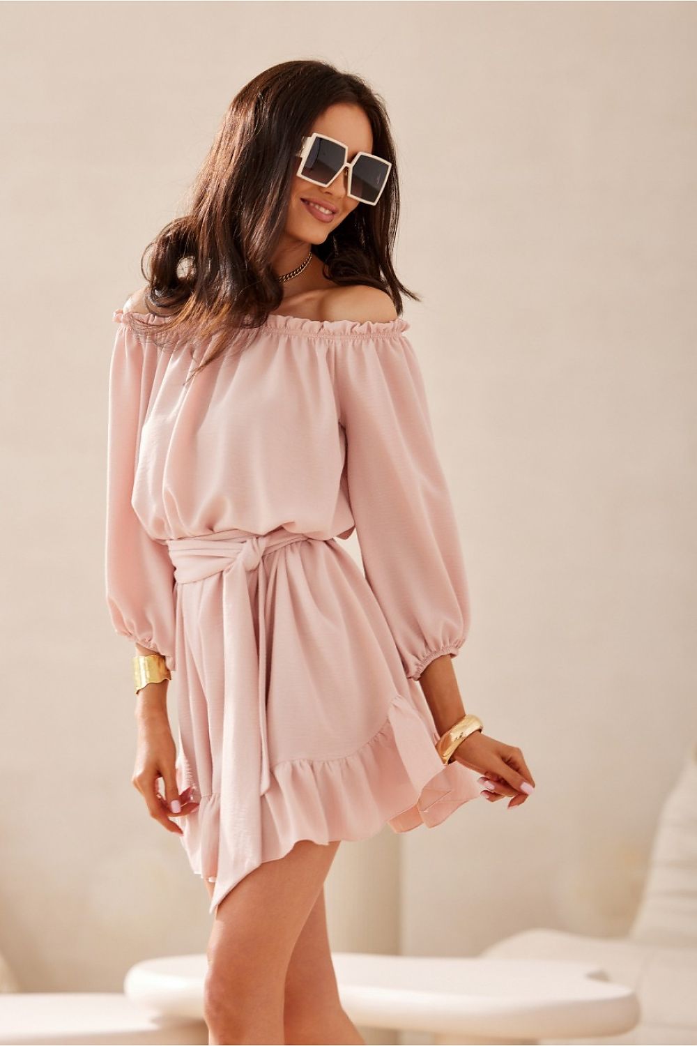 Guilia Summer Off-Shoulder Mini Dress - Blush Pink - Ruby Vixen