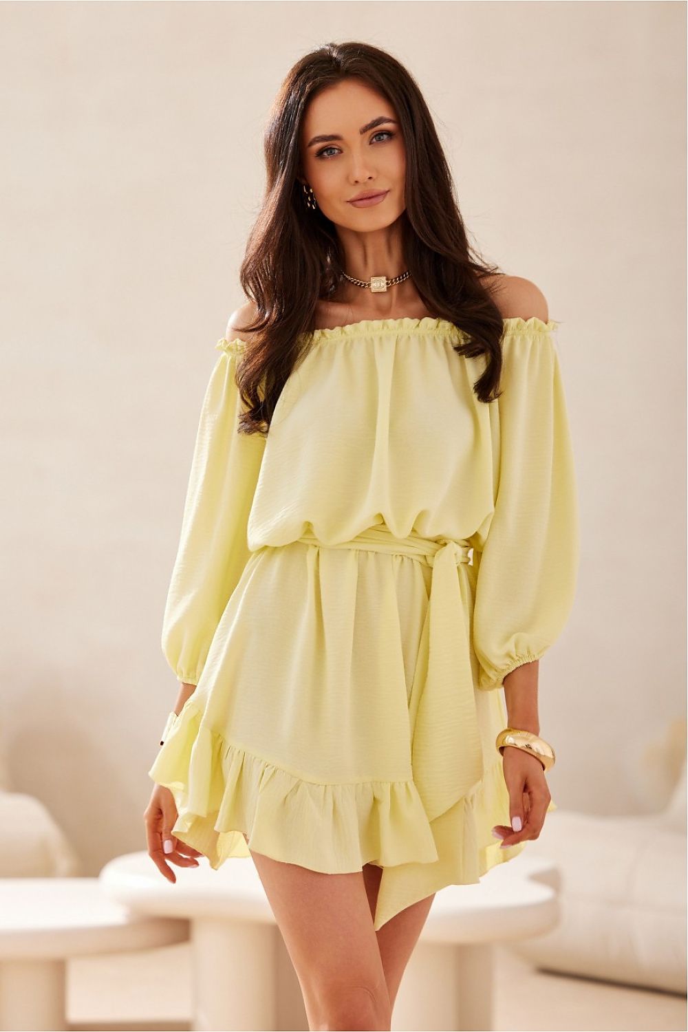 Guilia Summer Off-Shoulder Mini Dress - Yellow - Ruby Vixen