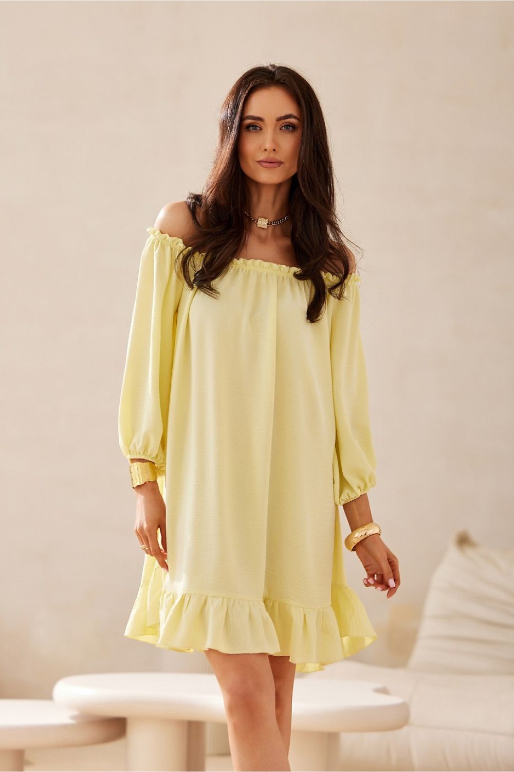 Guilia Summer Off-Shoulder Mini Dress - Yellow - Ruby Vixen