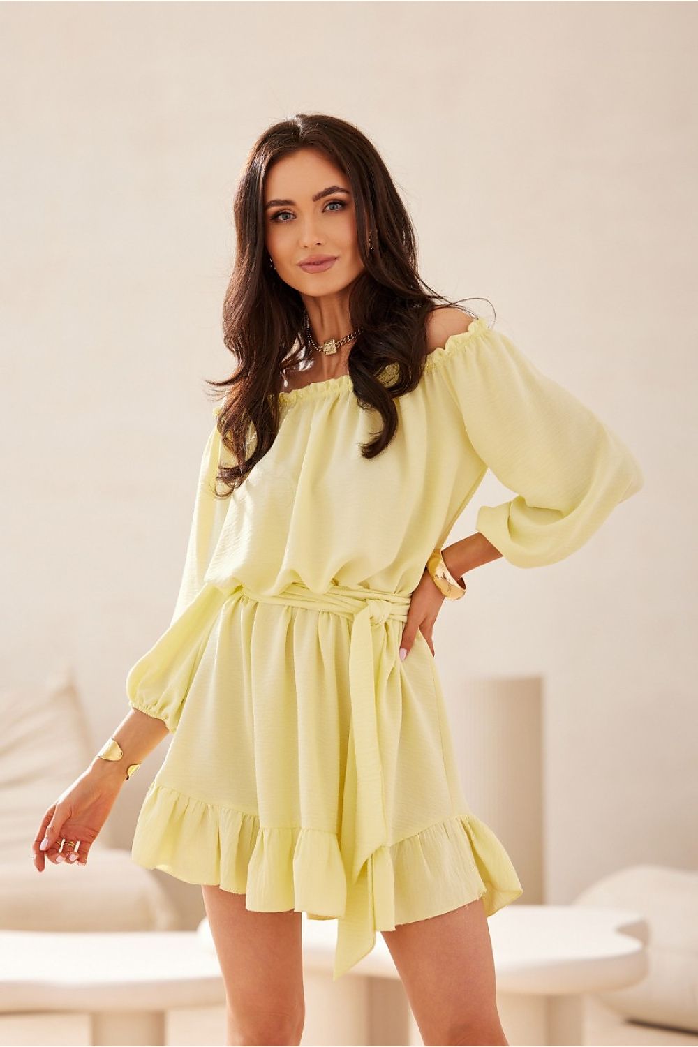 Guilia Summer Off-Shoulder Mini Dress - Yellow - Ruby Vixen