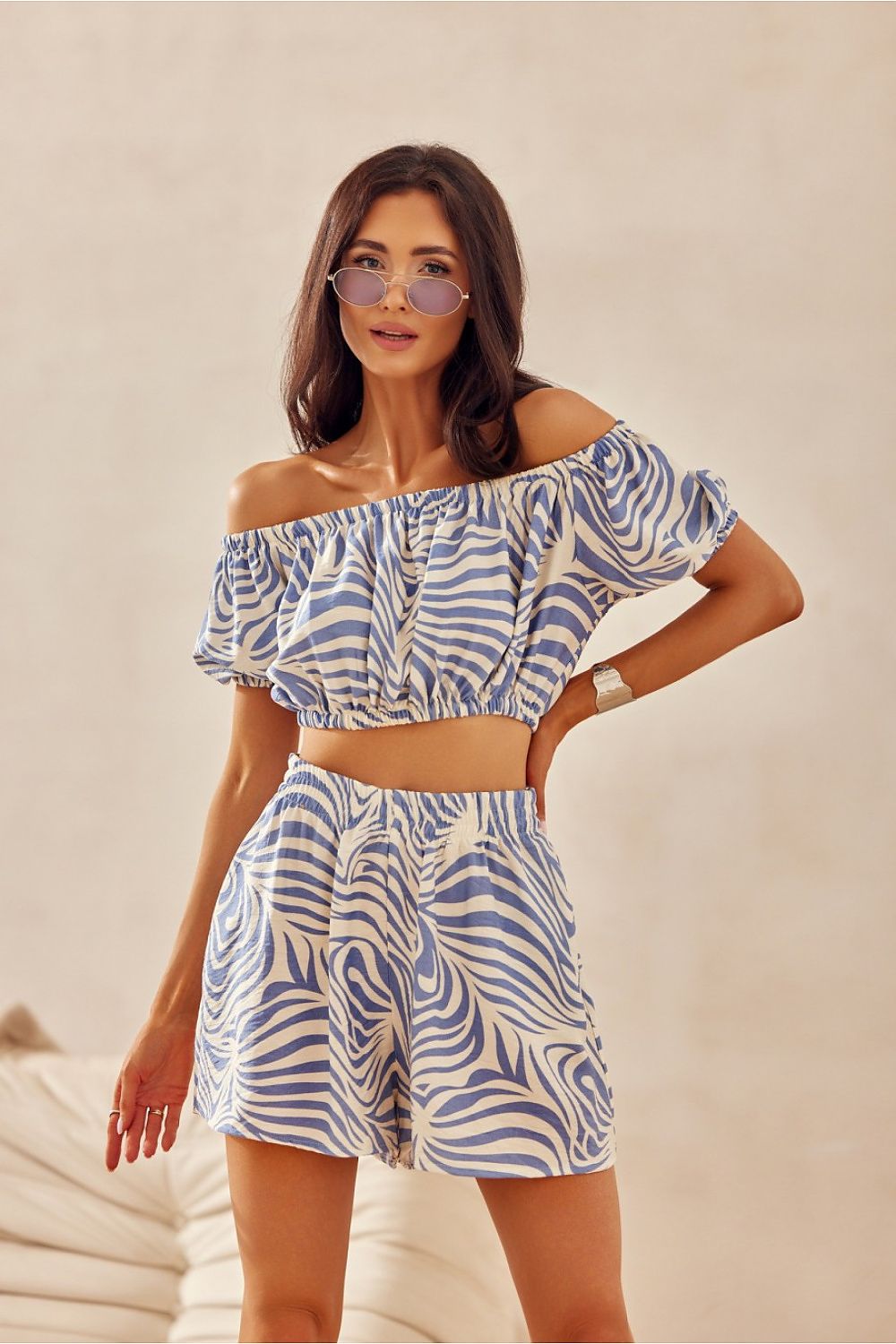 Noemi Off-Shoulder Cropped Blouse - Blue/White - Ruby Vixen