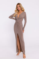 Amara Deep V-Neck Maxi Dress - Cappuccino - Ruby Vixen